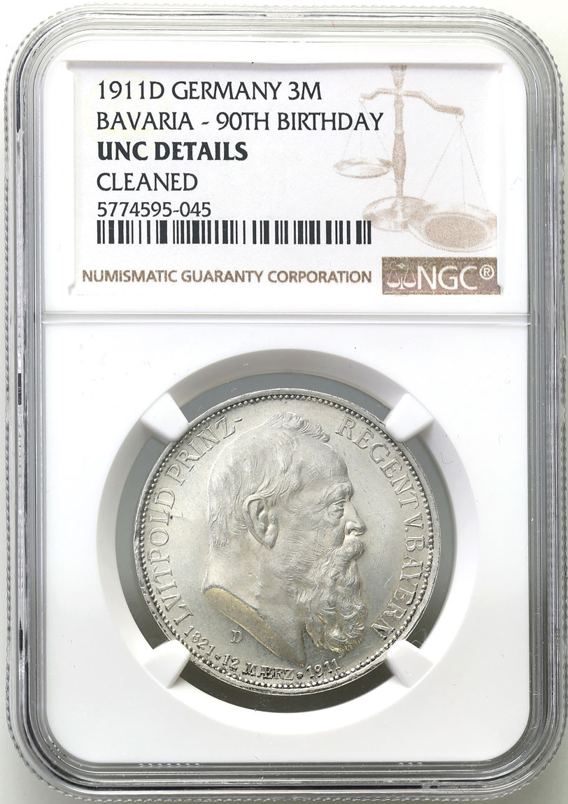 Niemcy, Bawaria. 3 marki 1911 D, Monachium NGC UNC
